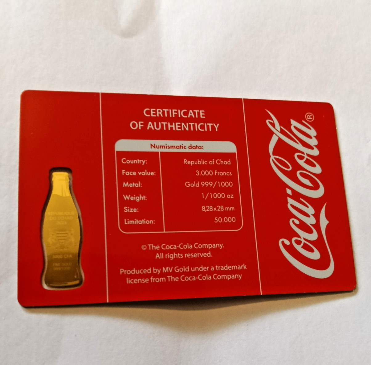 1/1000TH OZ GOLD CON CARD COCA COLA ICONIC BOTTLES