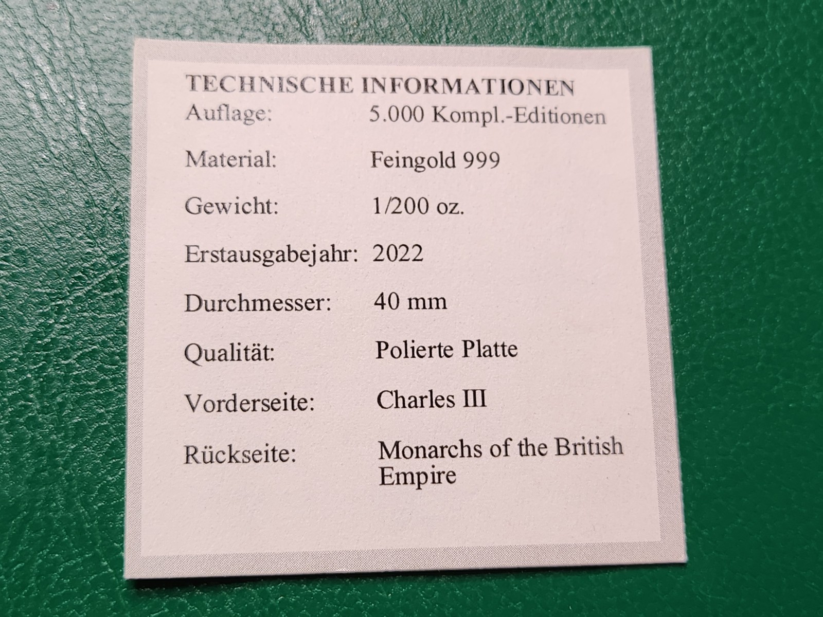 Gold 1/200 oz Round Monarchs of the British Empire Charles III Au999