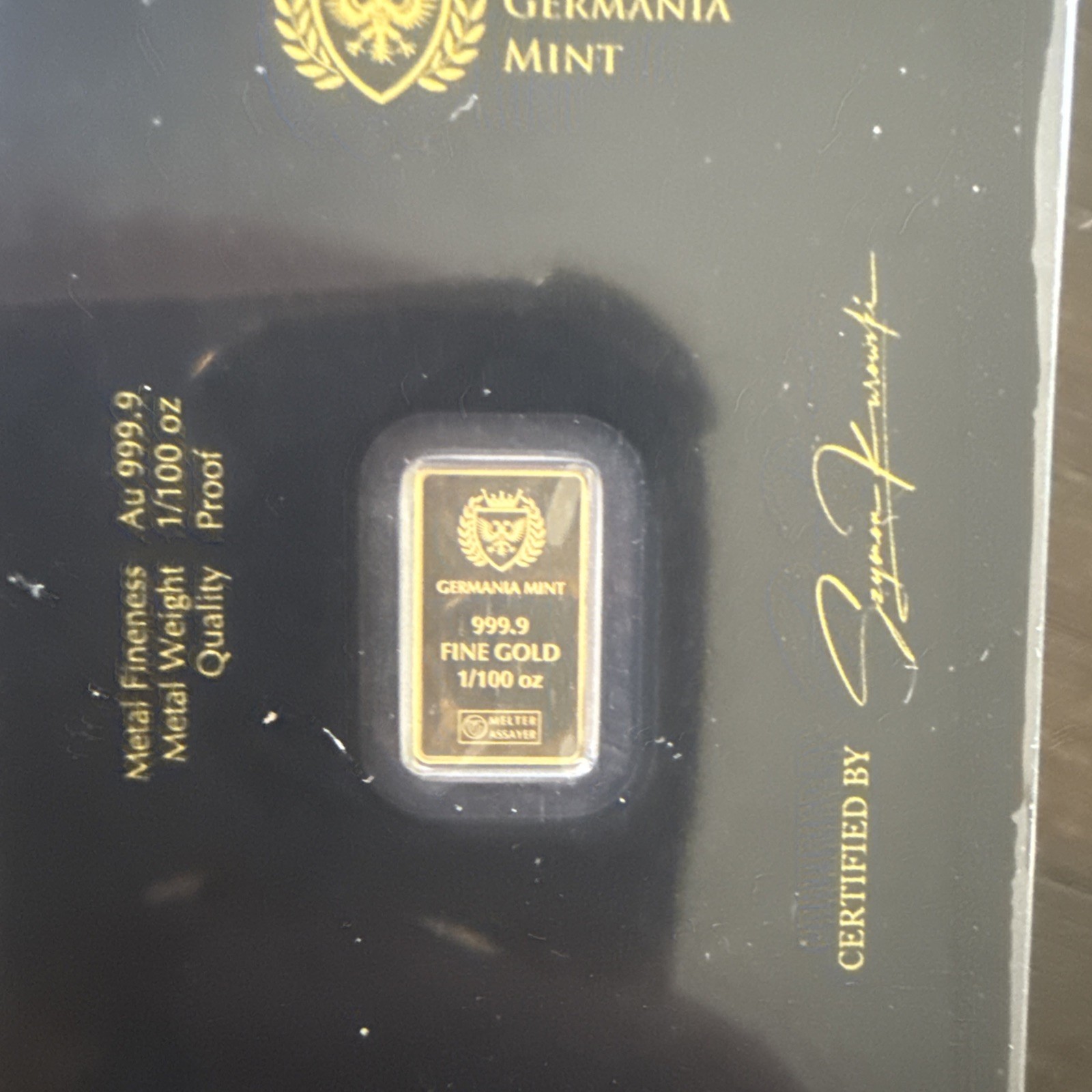 1/100 Germania Mint Gold Bar (New w/ Assay)