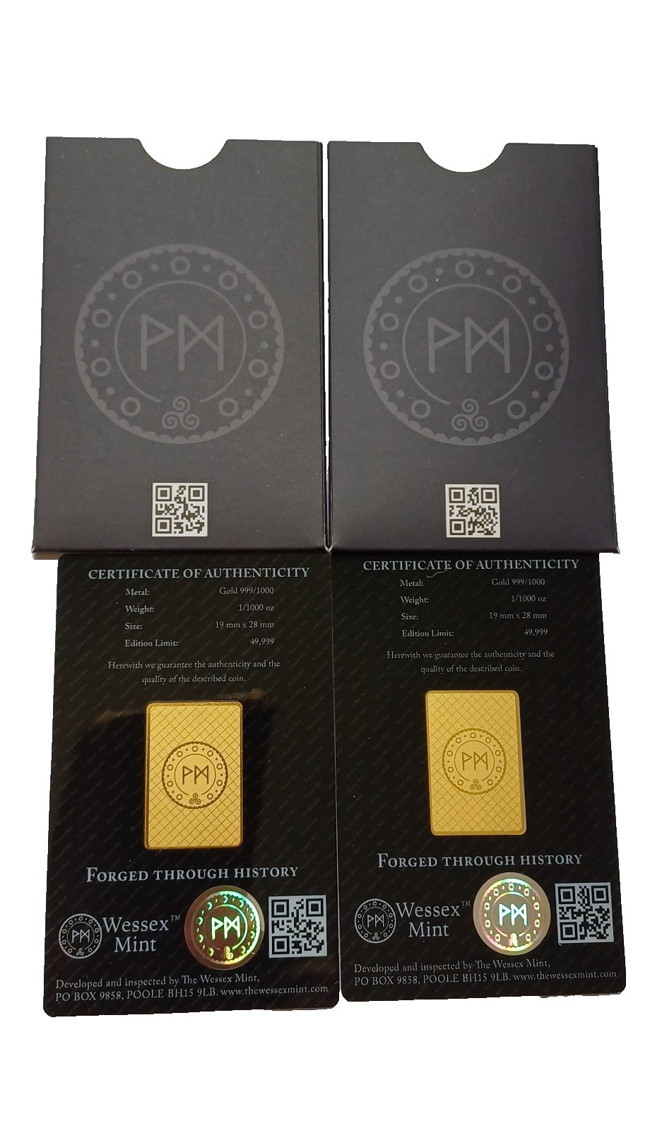 Wessex Mint 1/1000th oz x 2 Fine Gold Bars Bundle 999.9 24ct RRP 39.99 each