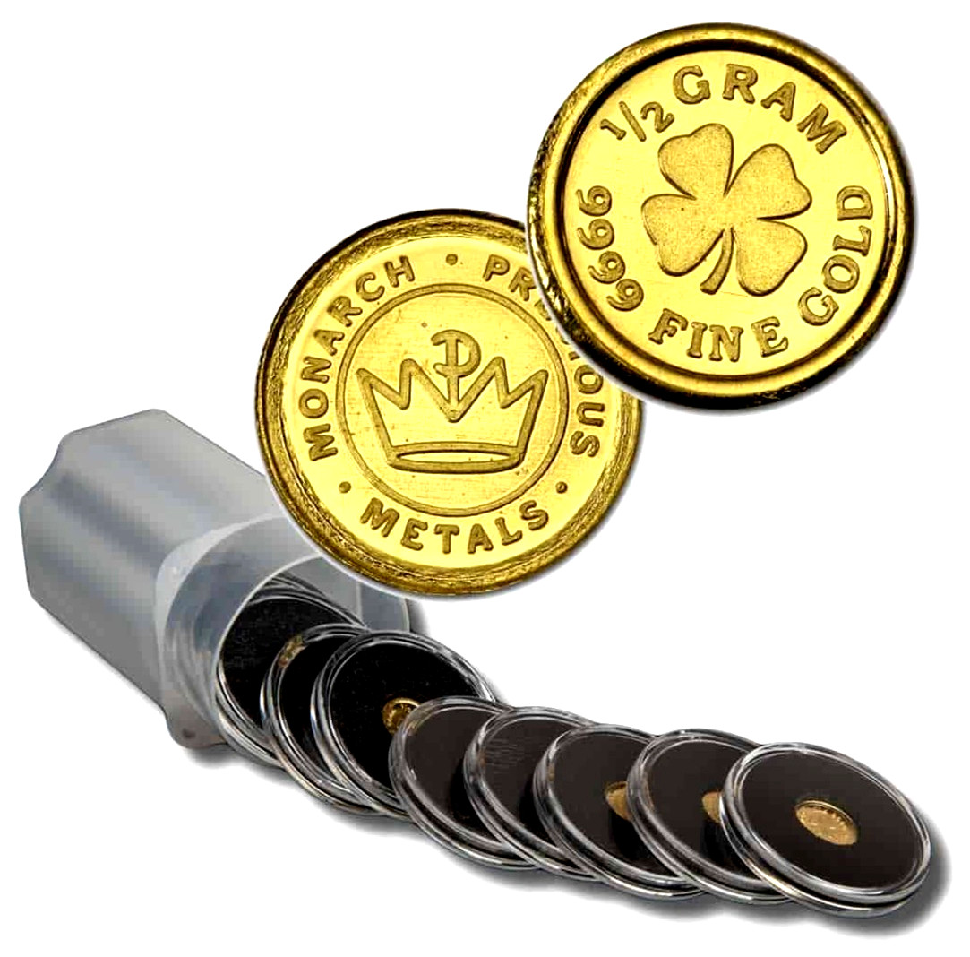 1/2 GRAM MONARCH LUCKY FOUR LEAF CLOVER .9999 GOLD ROUND IN SEALED CAPSULE BU