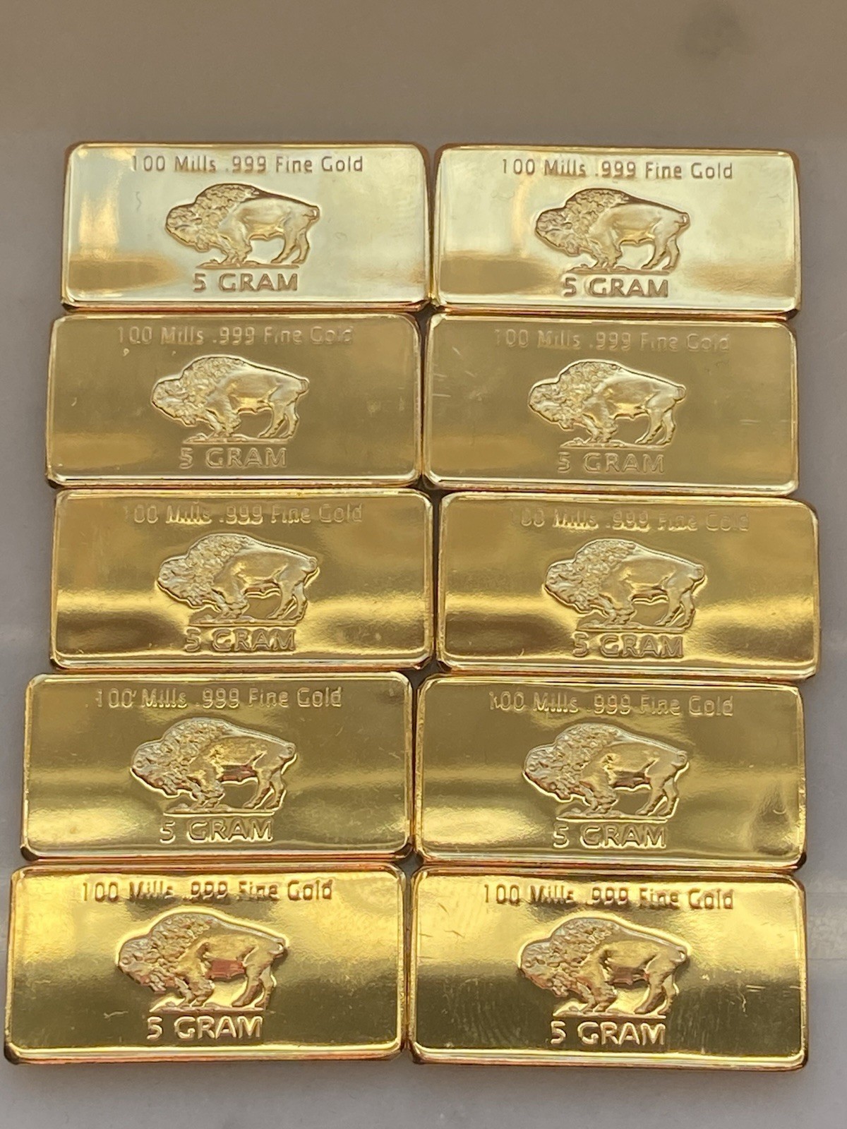Lot of 10 – 5 GRAM 100 MILLLS GOLD BUFFALO BULLION BARS .999 FINE