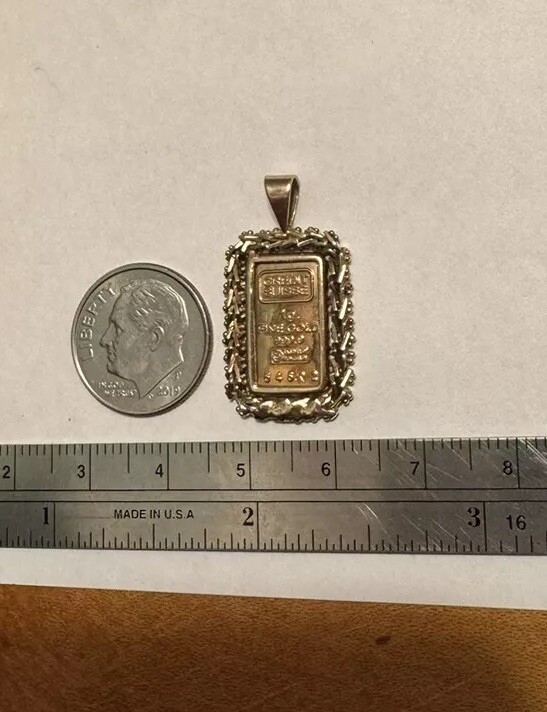 1 GRAM CREDIT SUISSE 999.9 GOLD BAR & 10K STAMPED MEXICO BEZEL PENDANT 3.2 GRAM