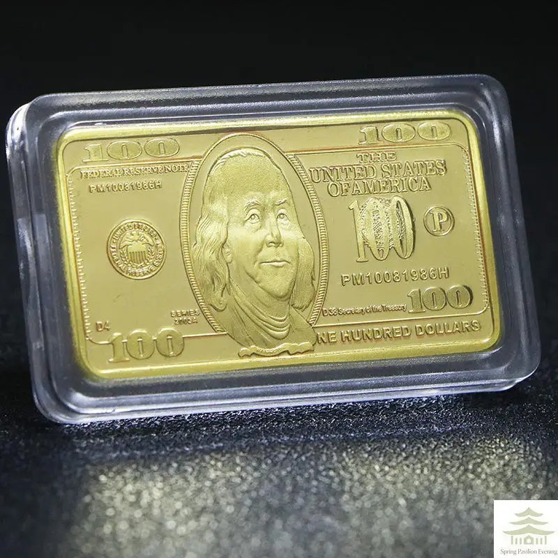 USA 100 Dollar Gold Tone Commemorative Souvenir Bar Metal Collectible w/Gift Box