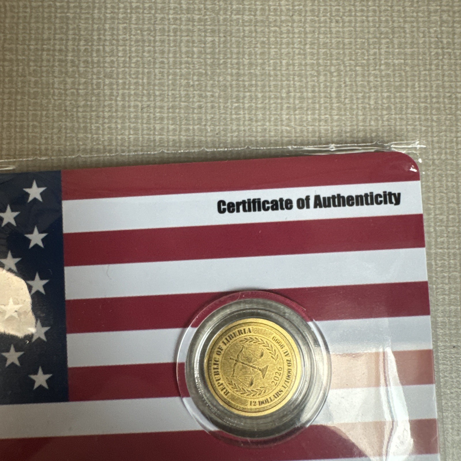 1/1000 oz Gold Coin Card 9999 Fine Gold 100 Dollar Bill Flag Theme