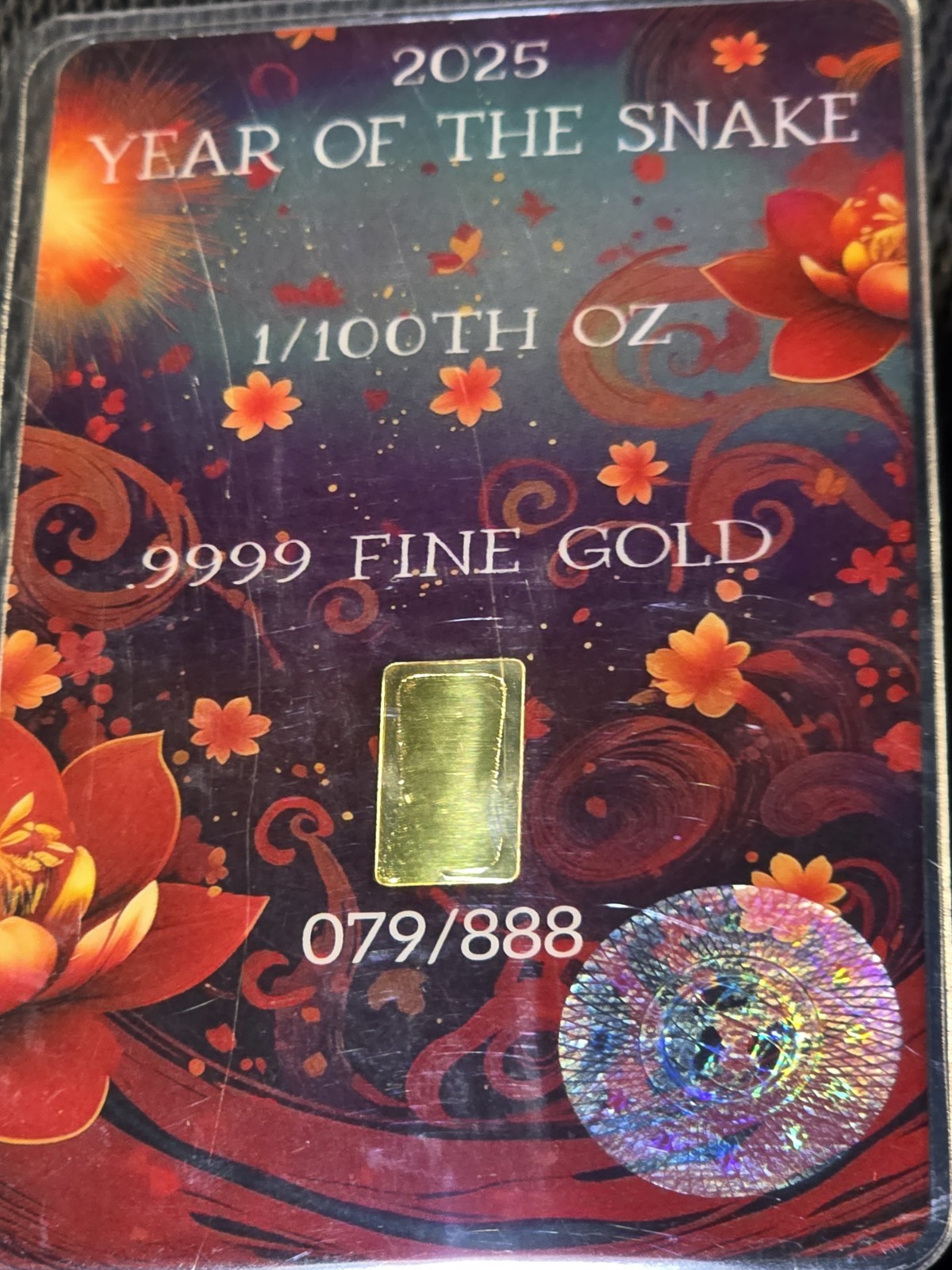 Scottsdale Mint 2025 Lunar Year of the Snake 1/100 oz Gold Bar in Card