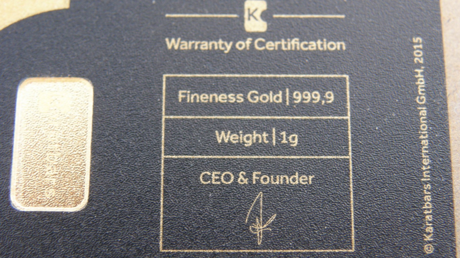 1 Gram .9999 Fine Gold Nadir Refinery Karatbar Card (1g, Karat Bar, Assay)