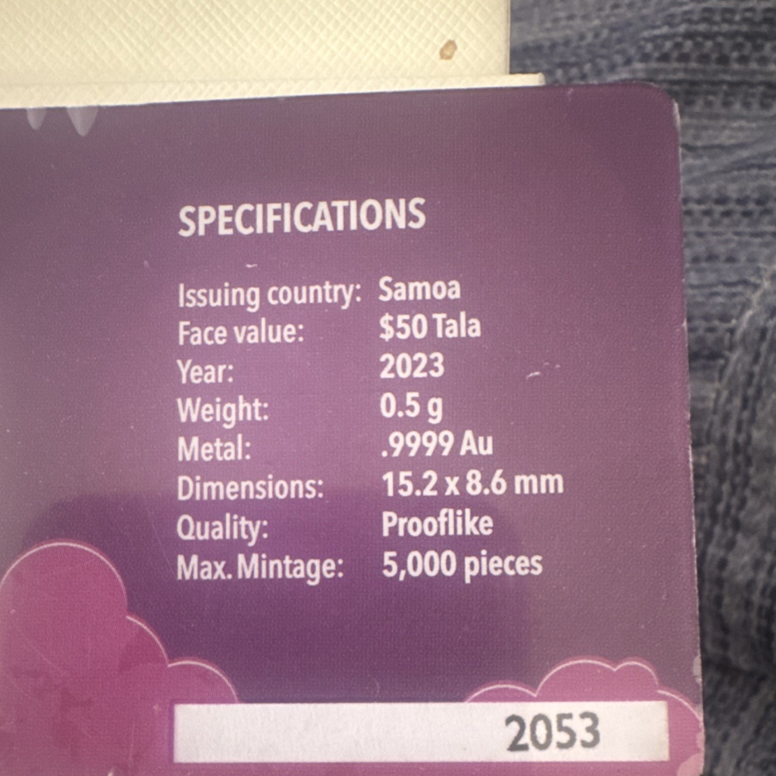 Samoa 2023 Guardian Angel Special Edition Gold Bar 0.5g .9999 Fine
