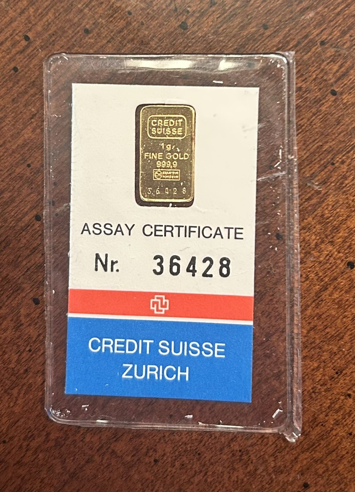 Vintage 1 Gram Credit Suisse Zurich 999.9 Gold Bar In Sealed Assay Serial #36428
