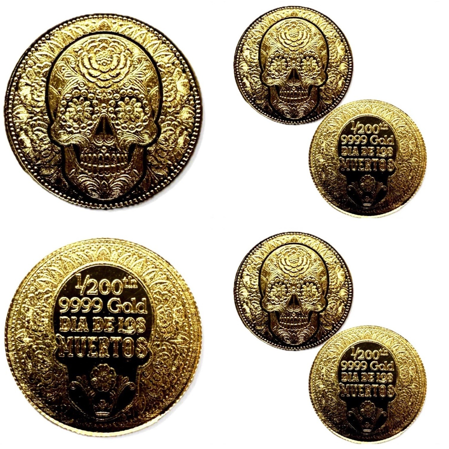 LOT X 2 MONARCH DAY OF THE DEAD 1/200 OZ .9999 FINE GOLD ROUNDS IN CAPSULE BU