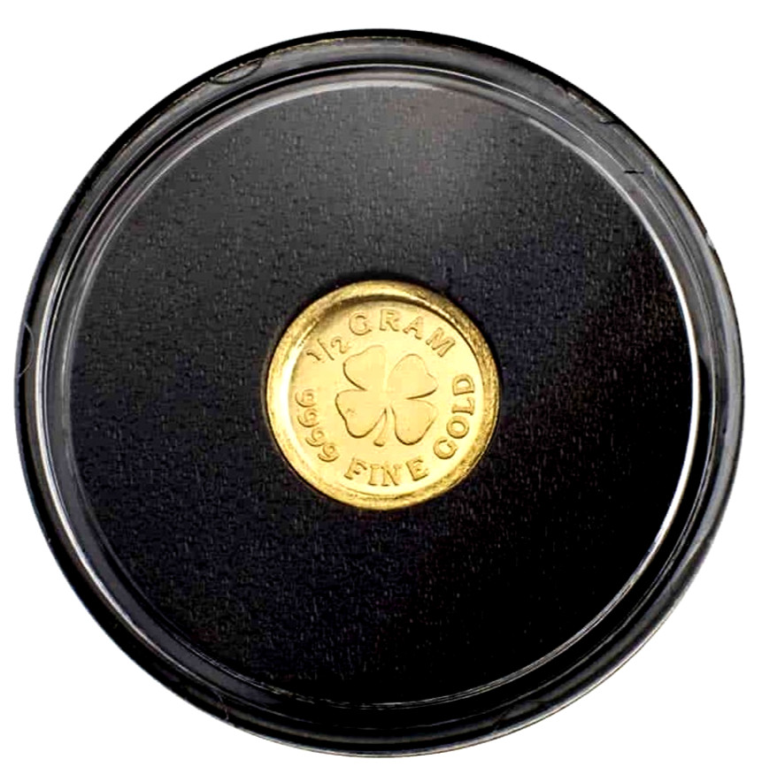 LOT 10 X 1/2 GRAM MONARCH LUCKY FOUR LEAF CLOVER .9999 GOLD ROUNDS IN CAPSULE BU