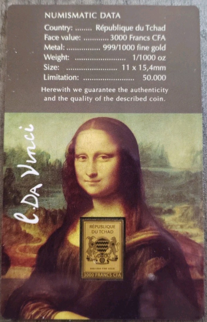 2023 Republic of Chad 3000 Francs CFA “Mona Lisa” 1/1000 oz .999 Fine Gold Coin