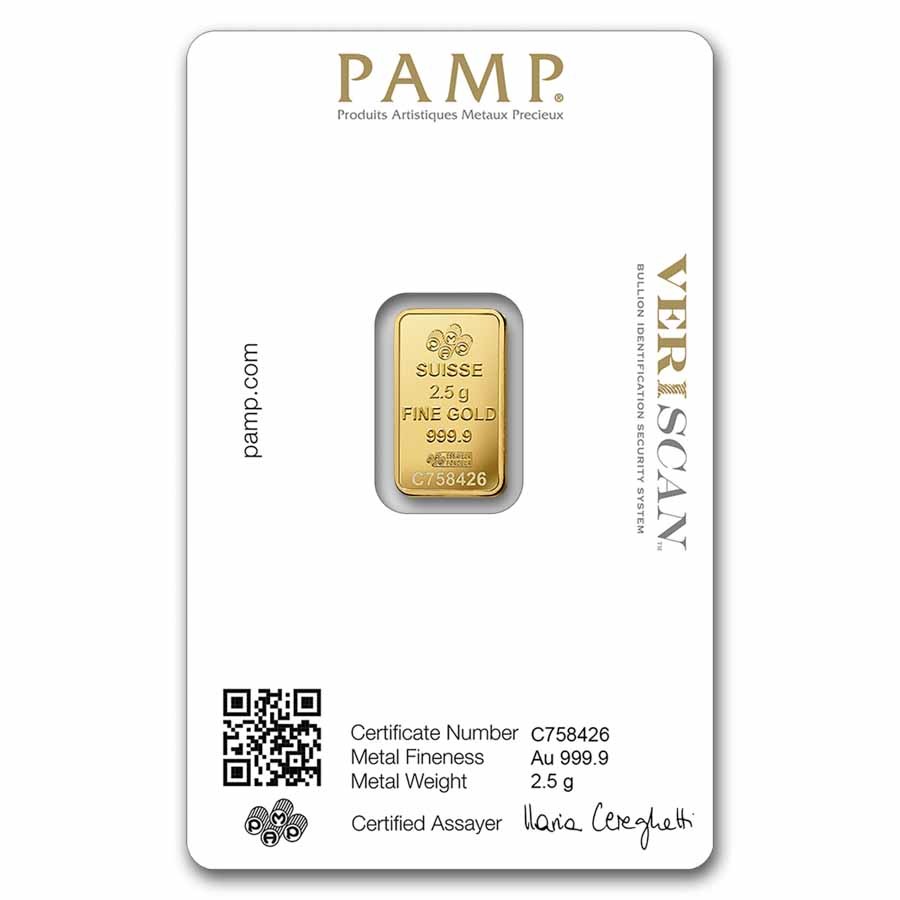 2.5 gram Gold Bar – PAMP Suisse Lady Fortuna Veriscan® (In Assay)