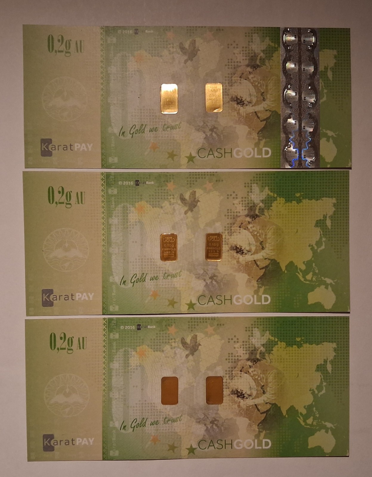 3 – NADIR KARATBARS .2 GRAM .9999 GOLD BILLS CASHGOLD KARATPAY 6 – 1/10 G BARS