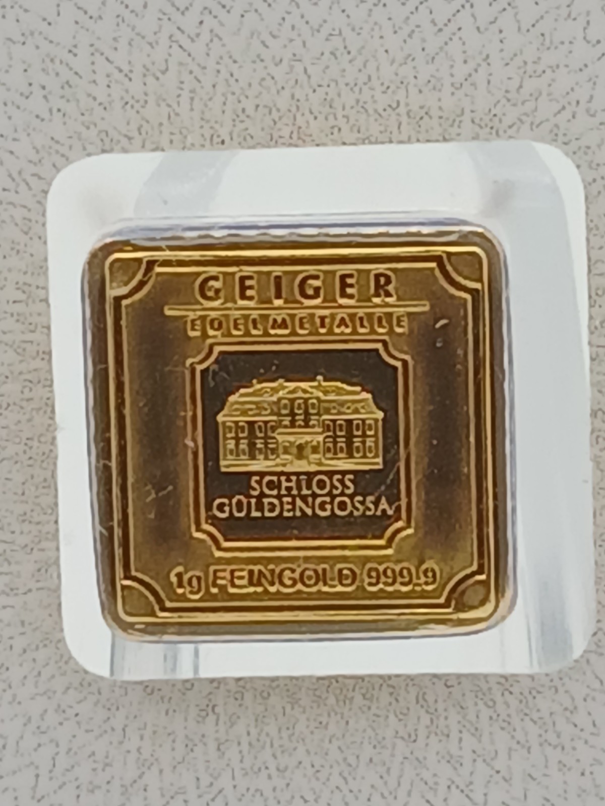 Geiger Edelmetalle Schloss Güldengossa 1g .9999 Gold Square Bar in Assay