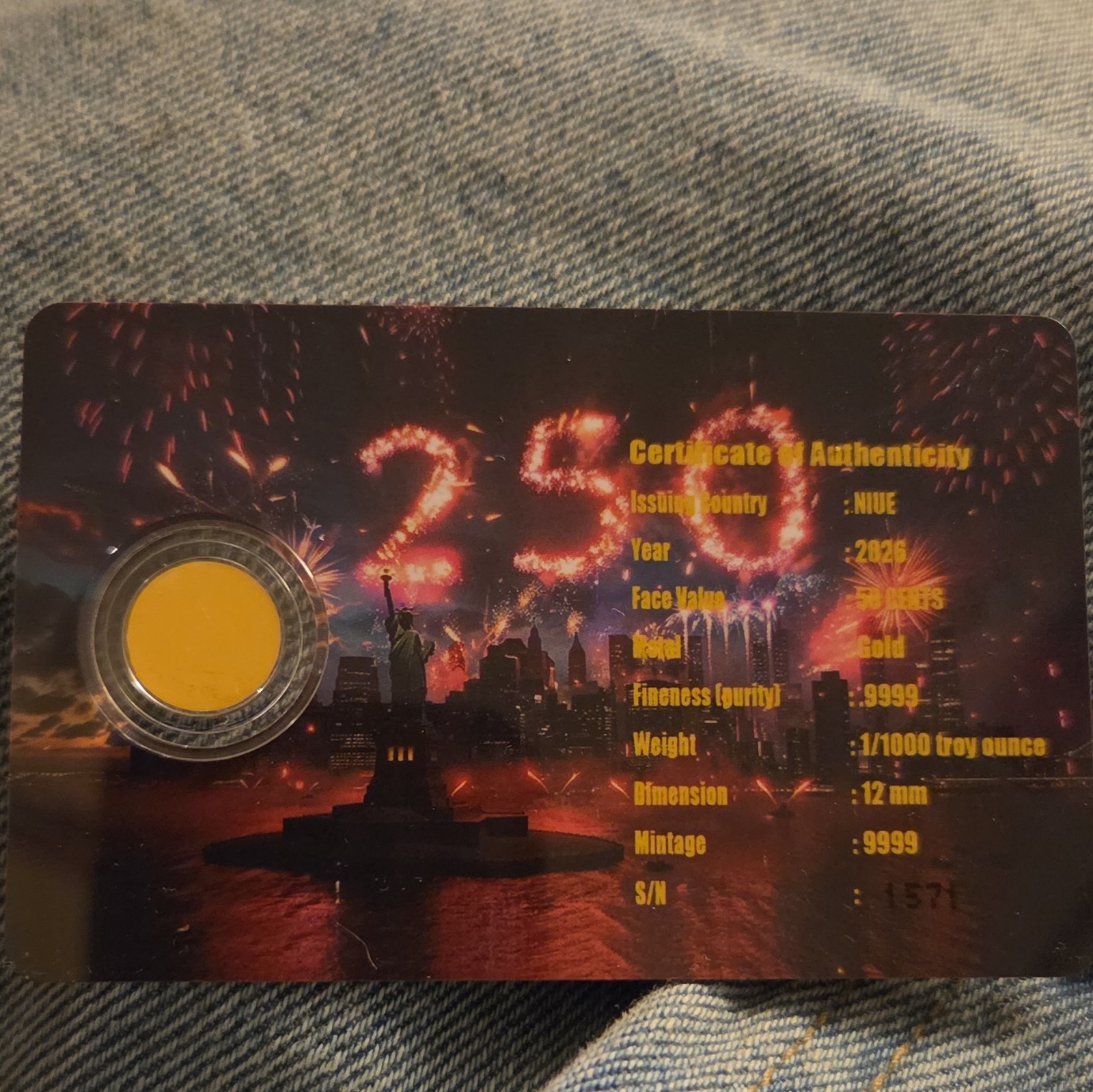 NIUE 2026 50 Cents .9999 Gold Round 1/1000 Troy oz 250th Anniversary
