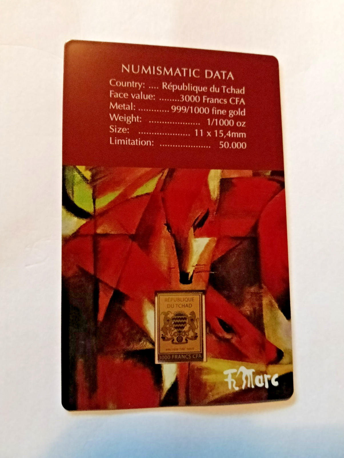 Masterpiece by Franz Marc 1/1000th OZ PURE GOLD THE FOXES COIN BAR