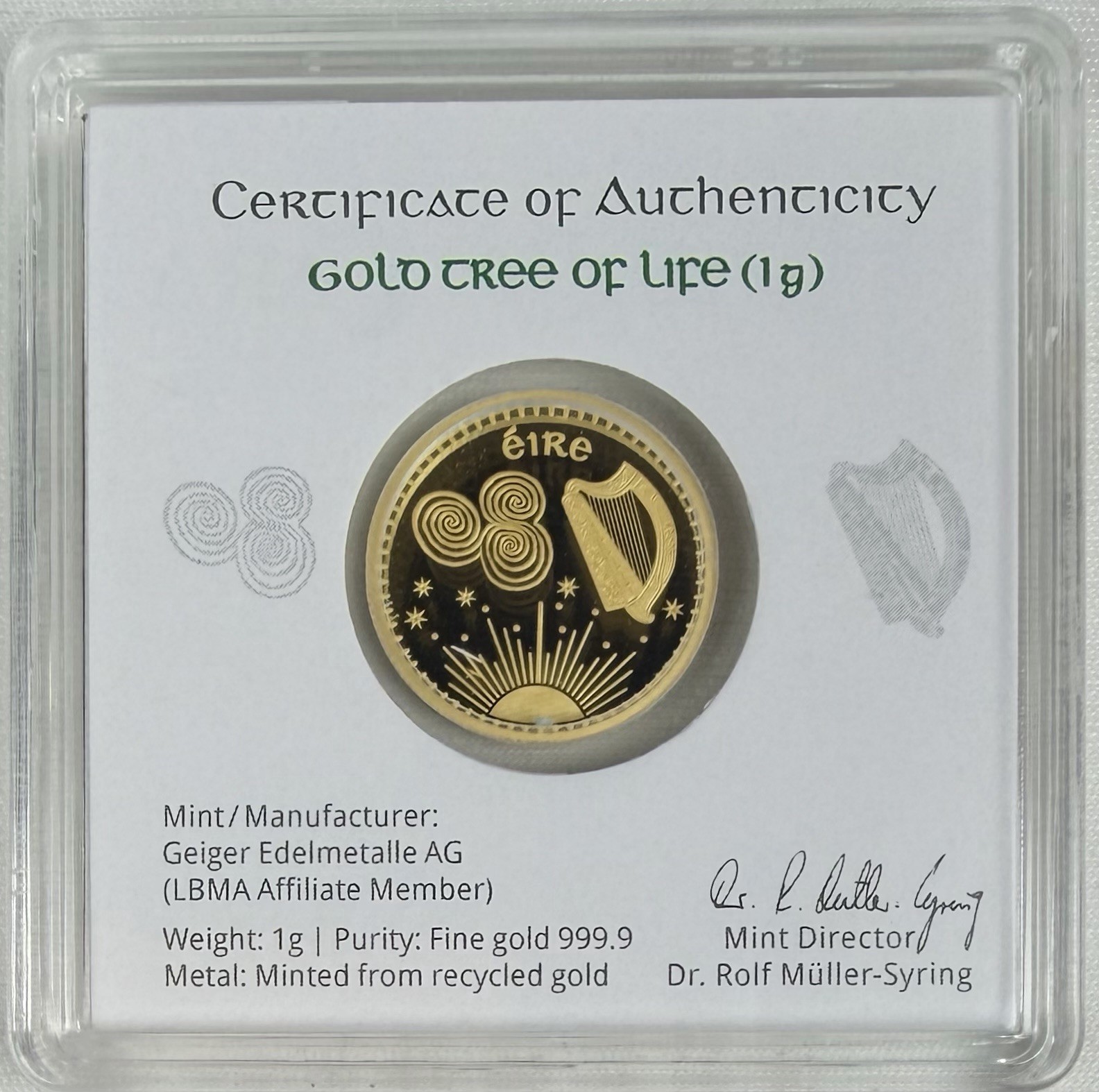 Geiger Edelmetalle Tara Coins Tree of Life 1 Gram .9999 Fine Gold In Hard Assay