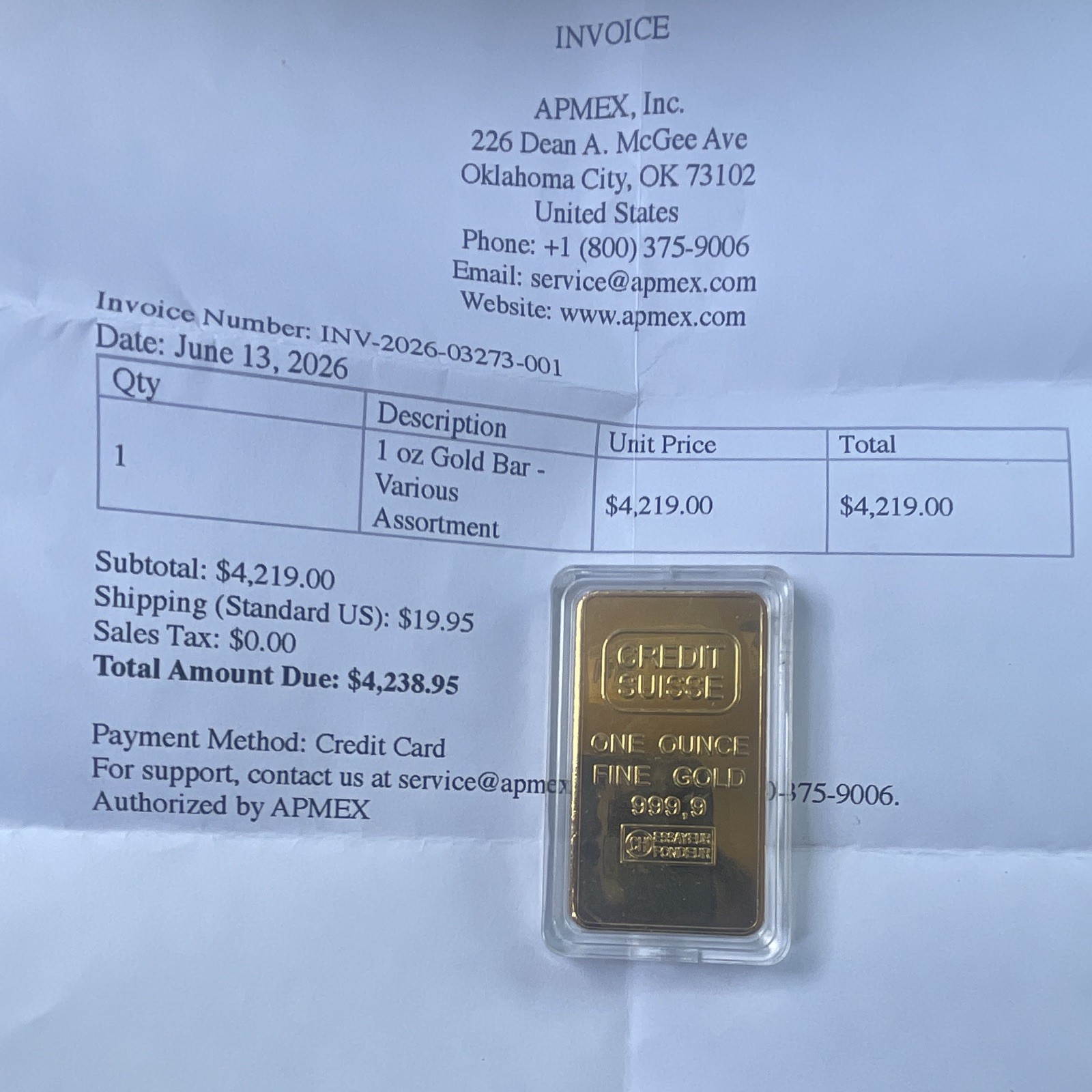Credit Suisse 1 oz .9999 Fine Gold Bar in Assay 2026 1 Troy Ounce