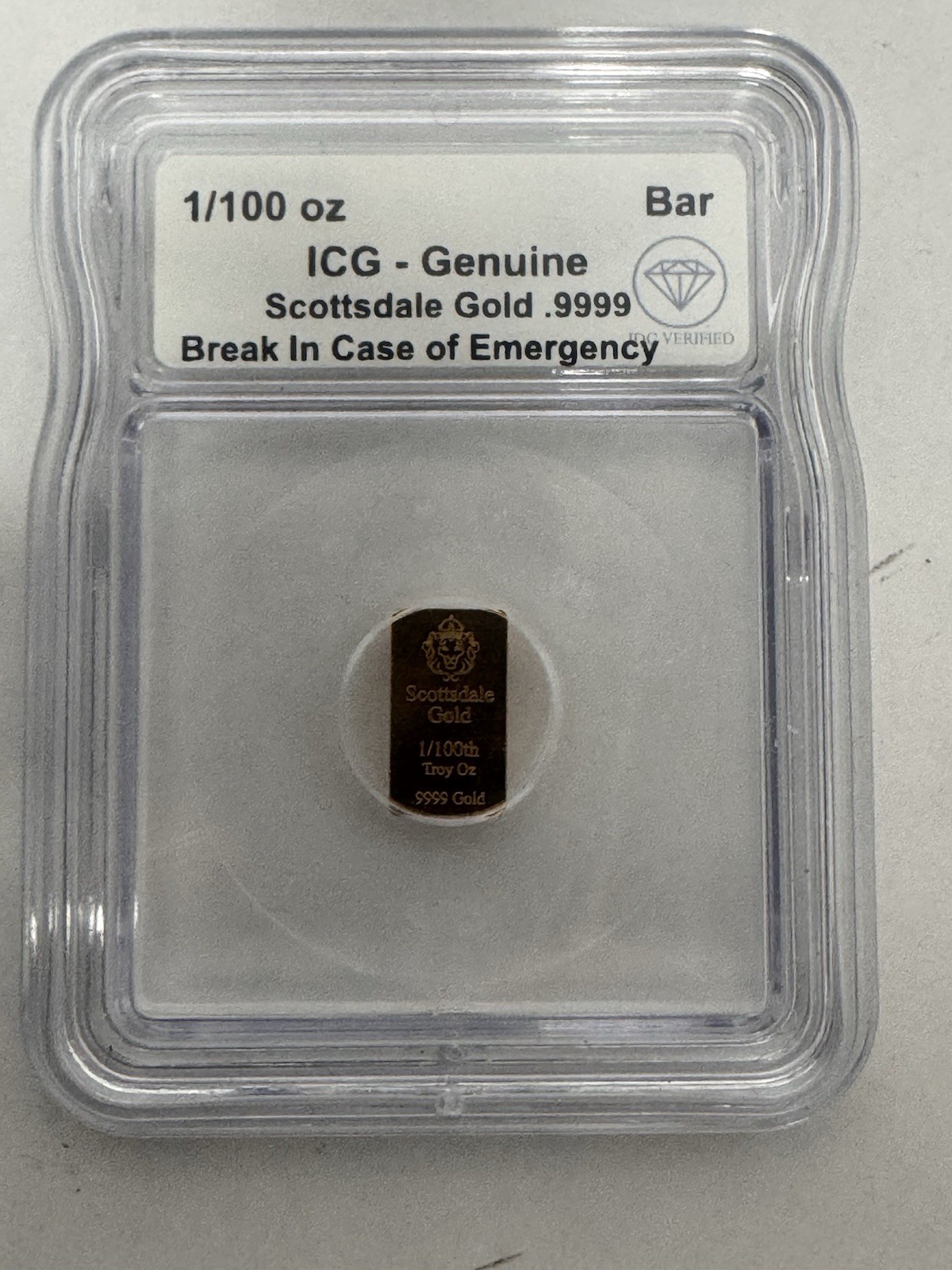 ICG Break In Case of Emergency Scottsdale Gold Bar 1/100 oz