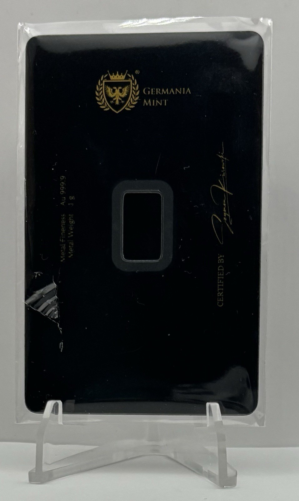 Germania Mint 1g Gold 999.9 Bullion Bar in Assay Black Label