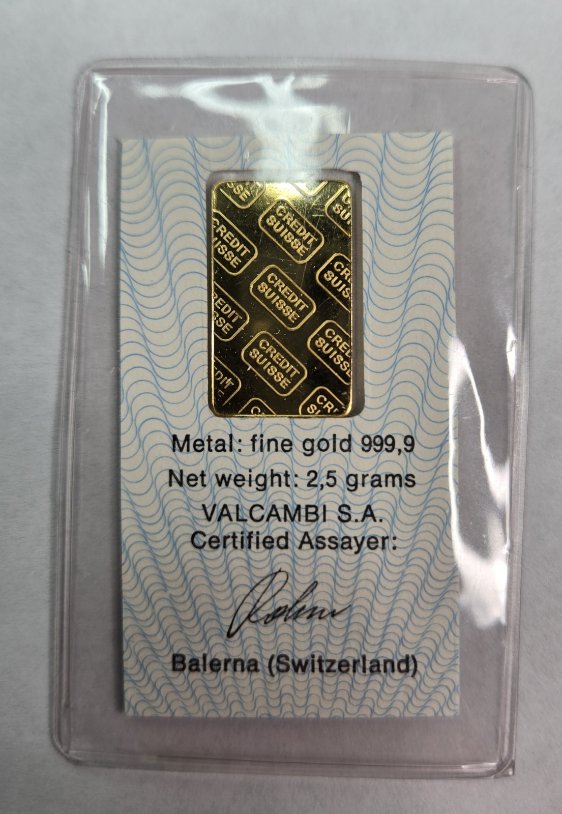 Credit Suisse Zurich 2.5g Fine Gold 999.9 Assay Certificate