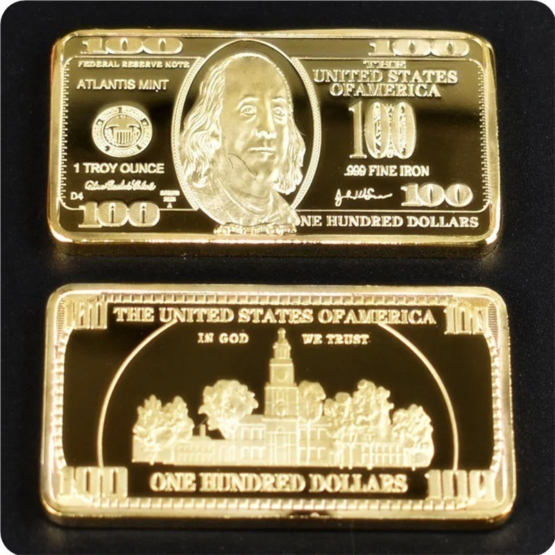 1pc USA 100 Dollar Bullion 24k Gold Bar American Metal Coin Golden USD With Gif