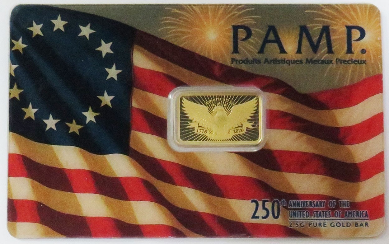 1776-2026 PAMP 2.5 GRAM 250th ANNIVERSAY OF THE USA GOLD 999.9 BAR IN CARD