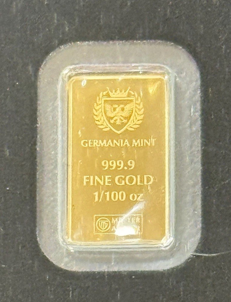 1/100th Oz .9999 Gold Germania Mint Lady Germania Assay Carded Gold Bar!!