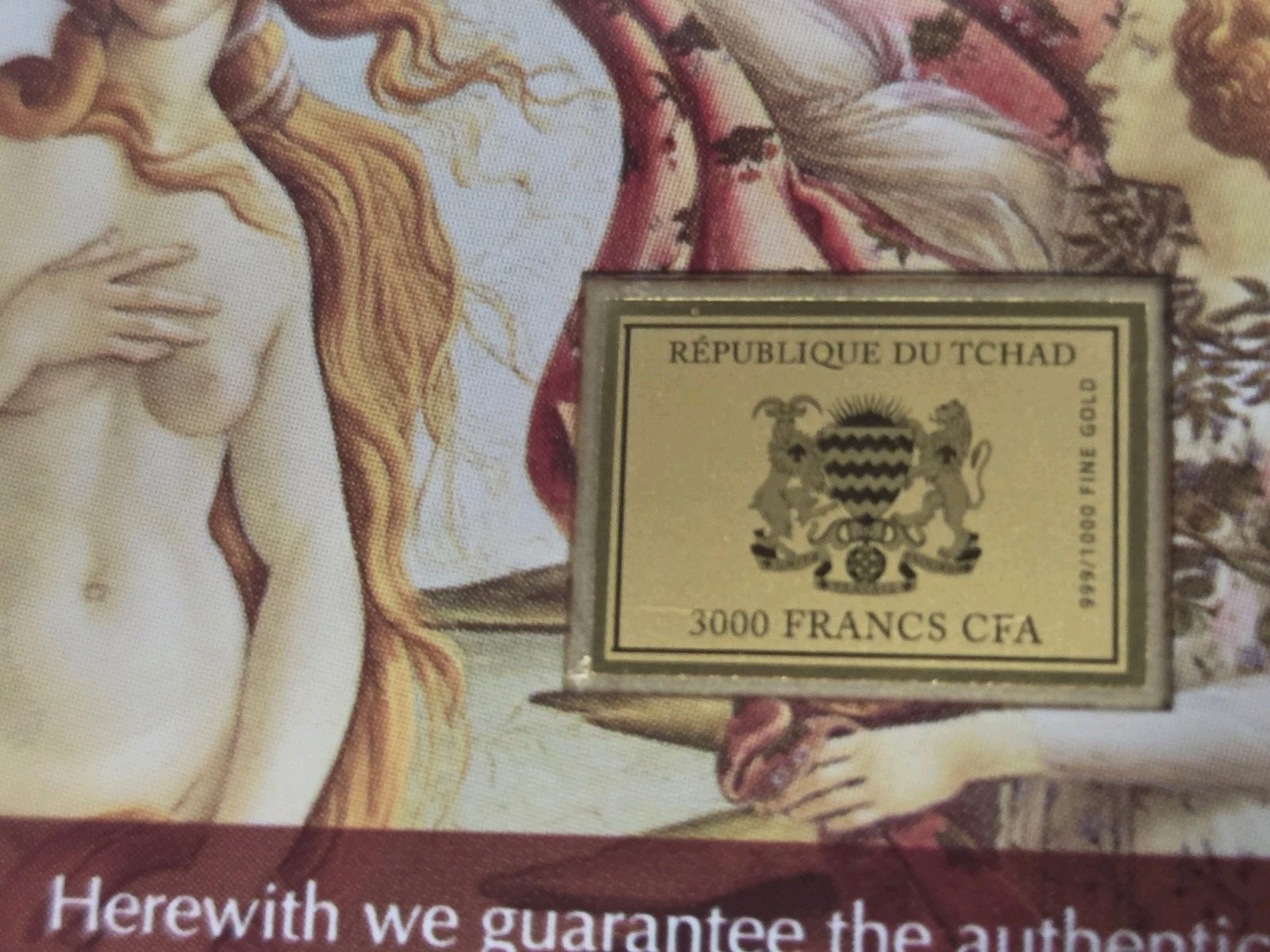 BOTTICELLI Birth Of Venus 999 GOLD 1/1000 oz Republic of Chad Coin