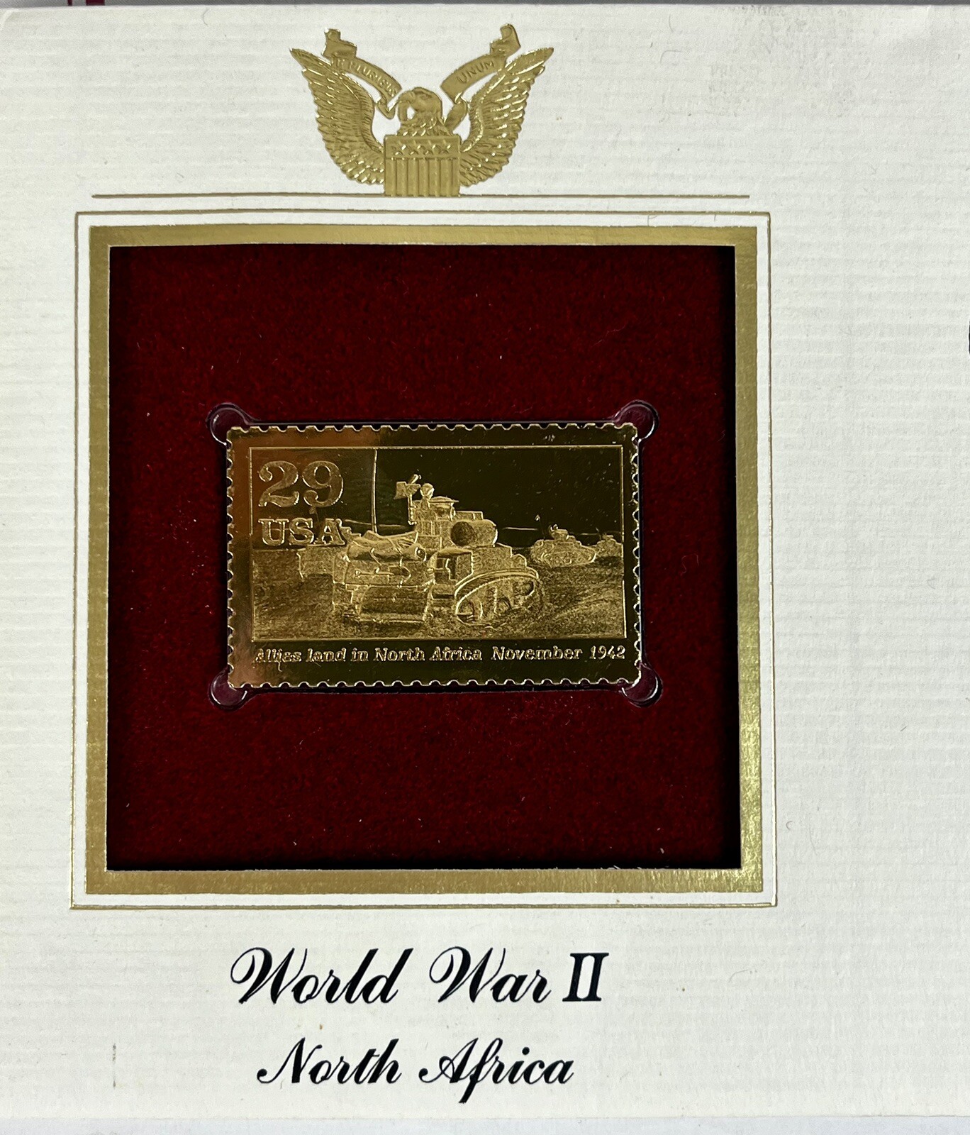 Allies Land in North Africa Tank 1942 WORLD WAR II 22KT GOLD STAMP COMMEM #8 +PW