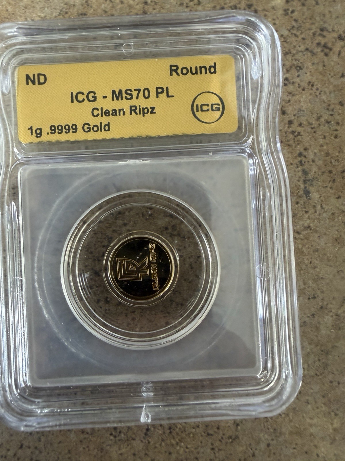 Clean Ripz ICG MS70 PL Gold Round .9999 Fine Gold 1 g (Slabbed)