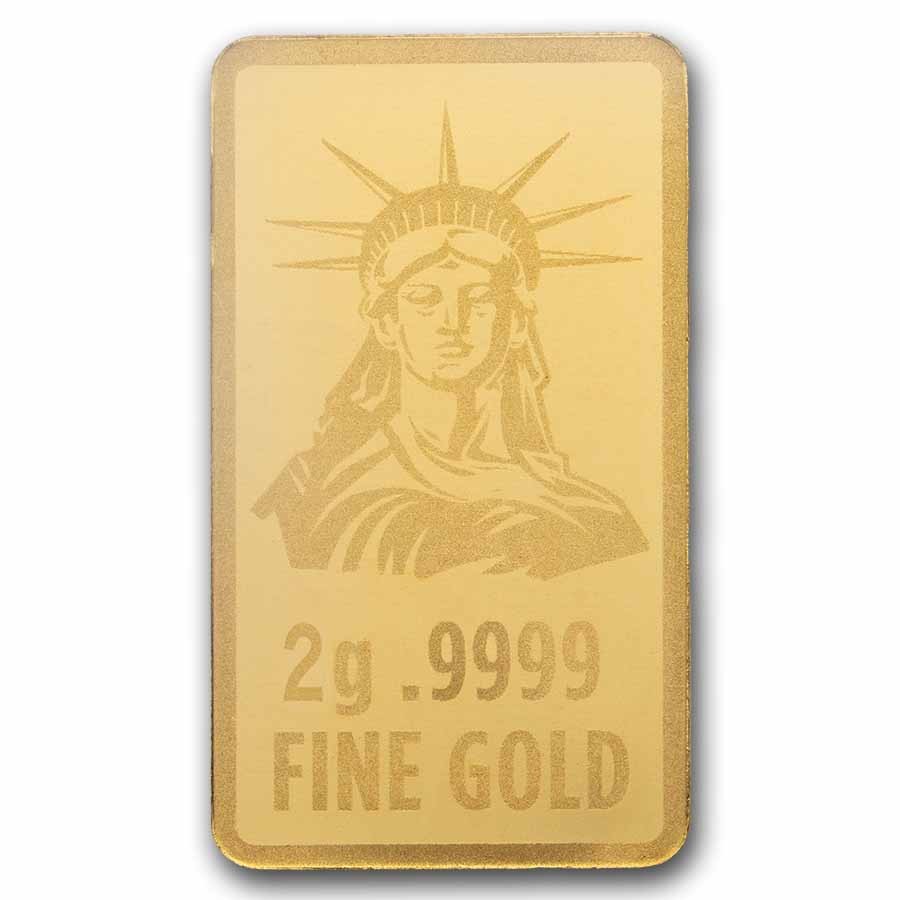 2 gram Gold Bar – United States Flag & Statue of Liberty
