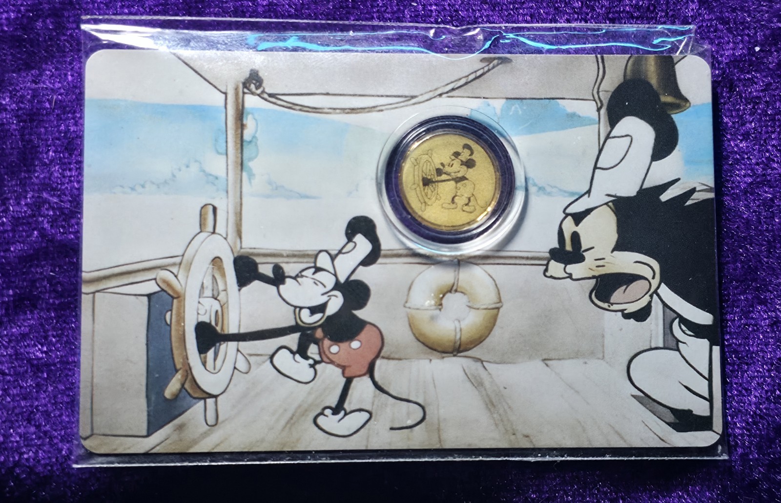 Steamboat Willie Mickey Mouse Gold 1/1000 Oz 999 Fine Round in Card