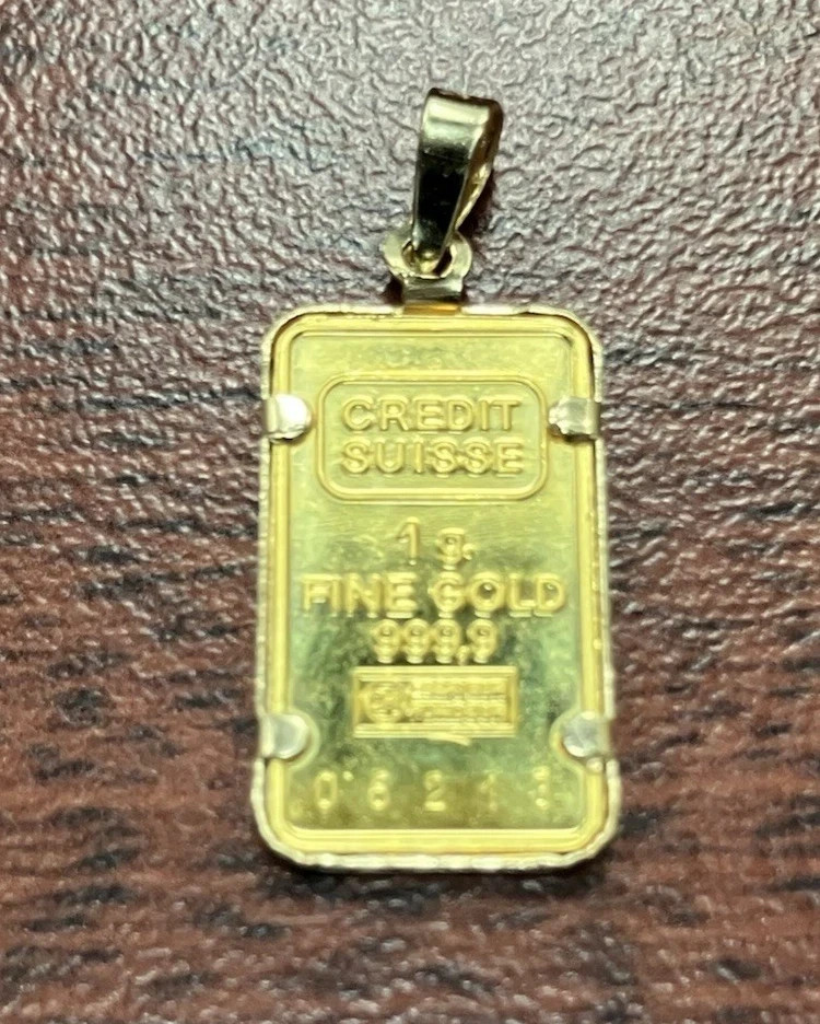 24K GOLD Credit Suisse 999.9 FINE INGOT 1g BAR / 14K PENDANT NECKLACE CHAIN 1.3g