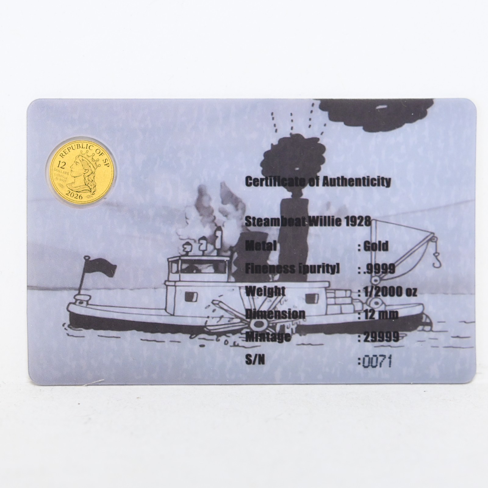 2026 Steamboat Willie 1928 1/2000-oz .9999 Gold Coin in Card Cert#0071 (slx5267)