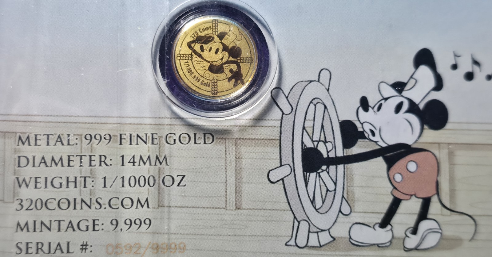 Steamboat Willie Mickey Mouse Gold 1/1000 Oz 999 Fine Round in Card