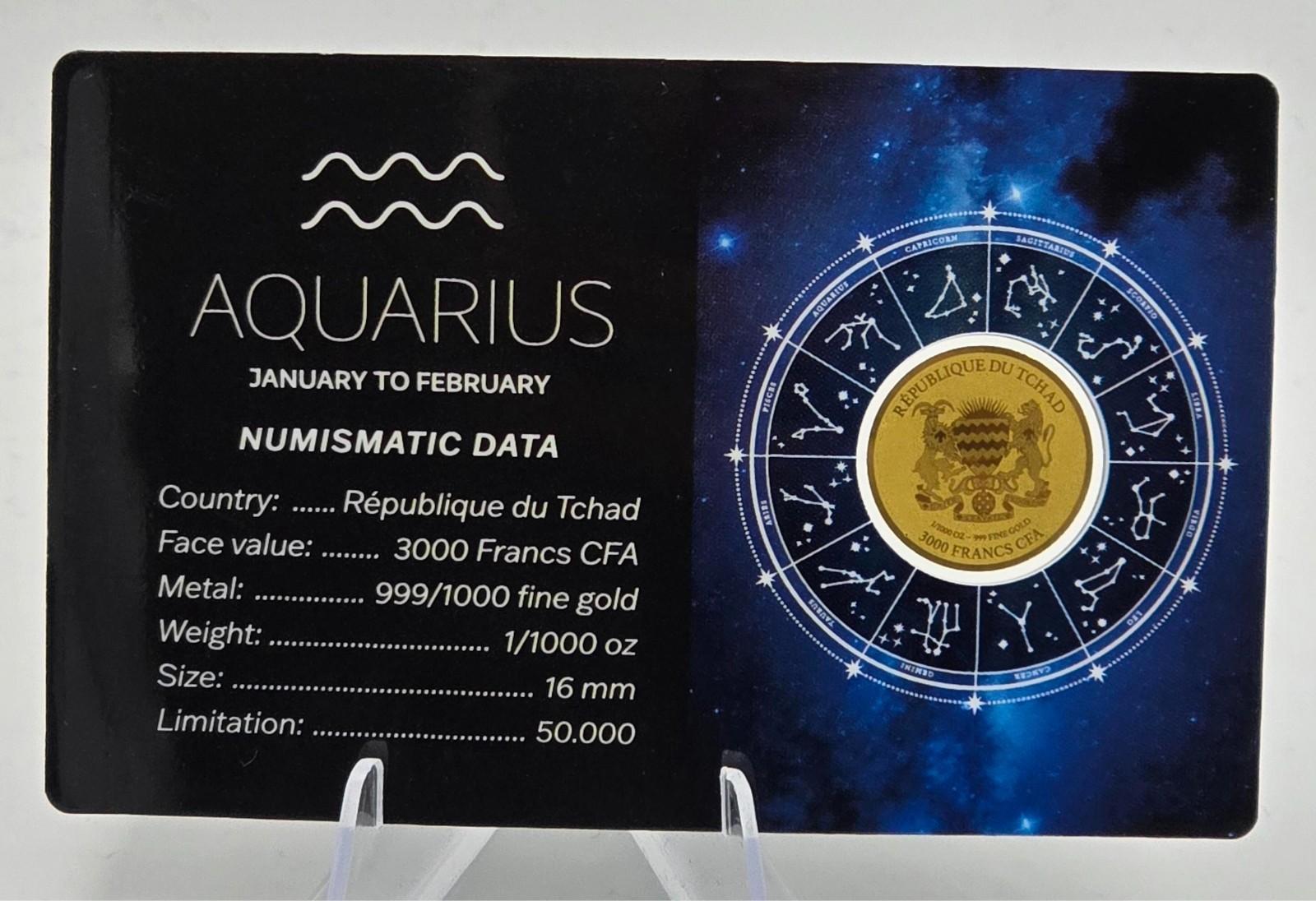 ZODIAC SIGNS AQUARIUS 1/1000 Oz Gold 999 Coin card