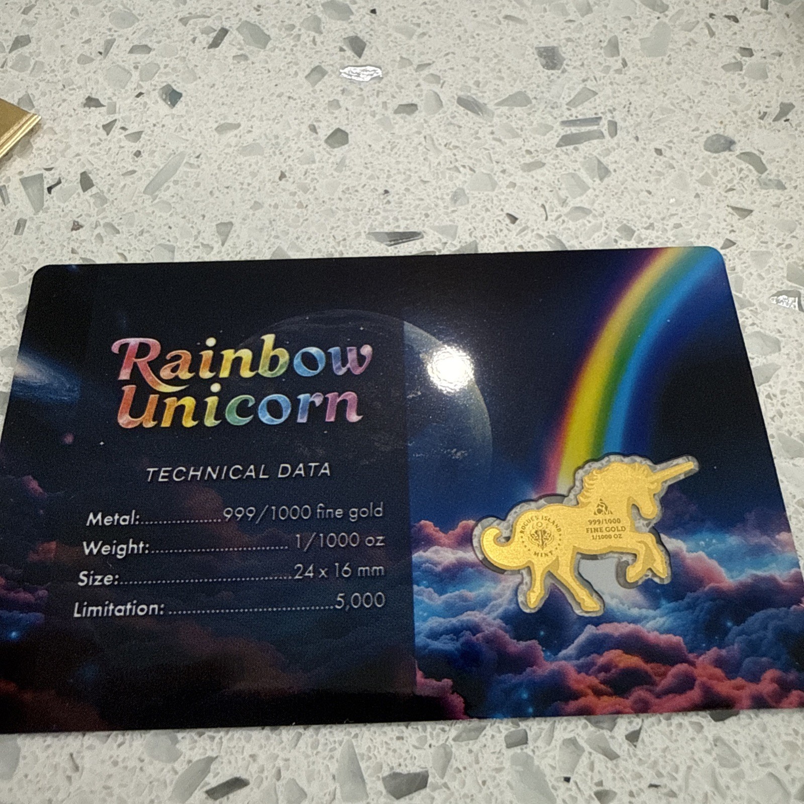 Rogues Island Mint Rainbow Unicorn 1/1000 oz Gold in Card Mintage 5,000 limited