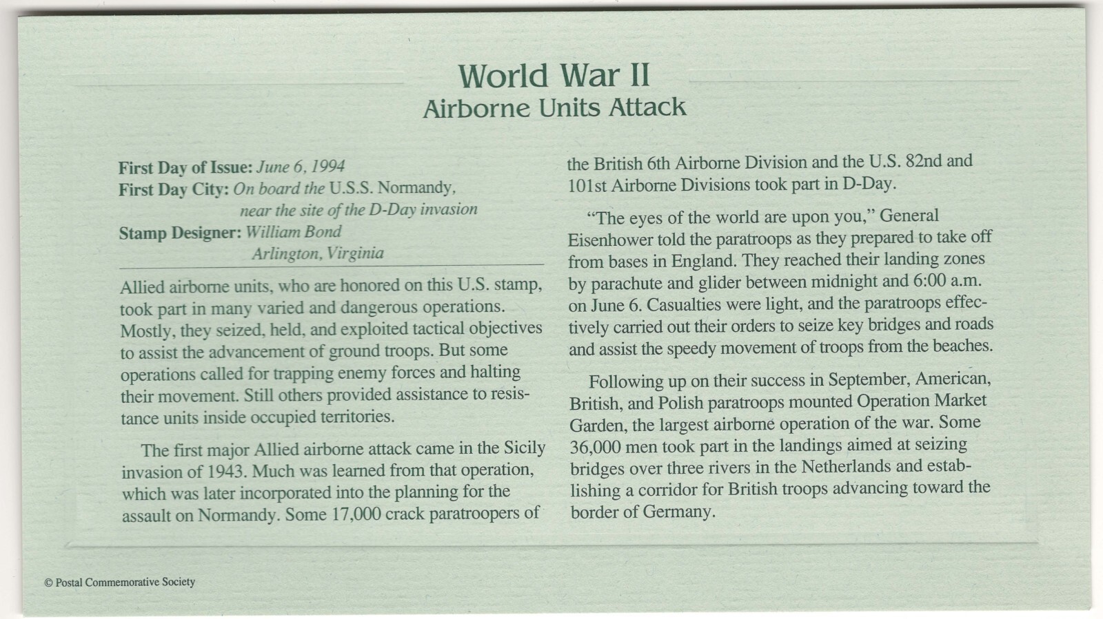 AIRBORNE UNITS SPEARHEAD ATTACKS 1944 WORLD WAR II 22KT GOLD STAMP COMMEMORATIVE