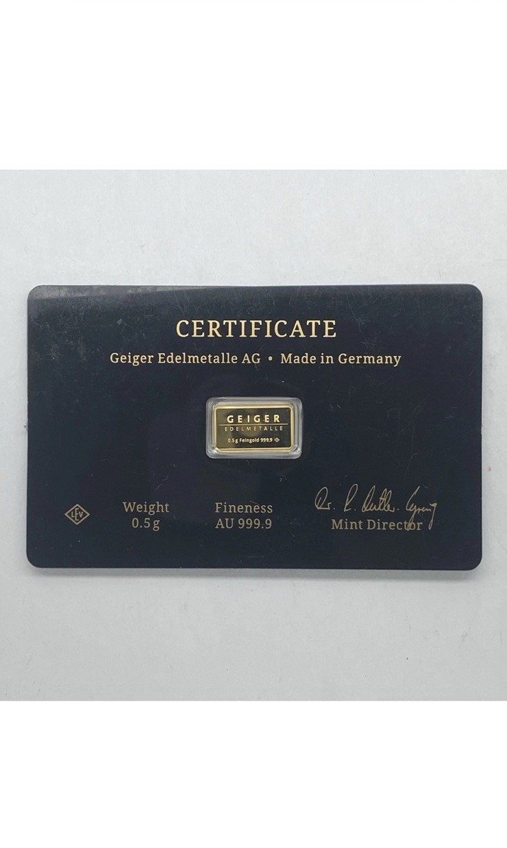 Geiger Edelmetalle 1/2 .5g Gold Bar Black Assay Card