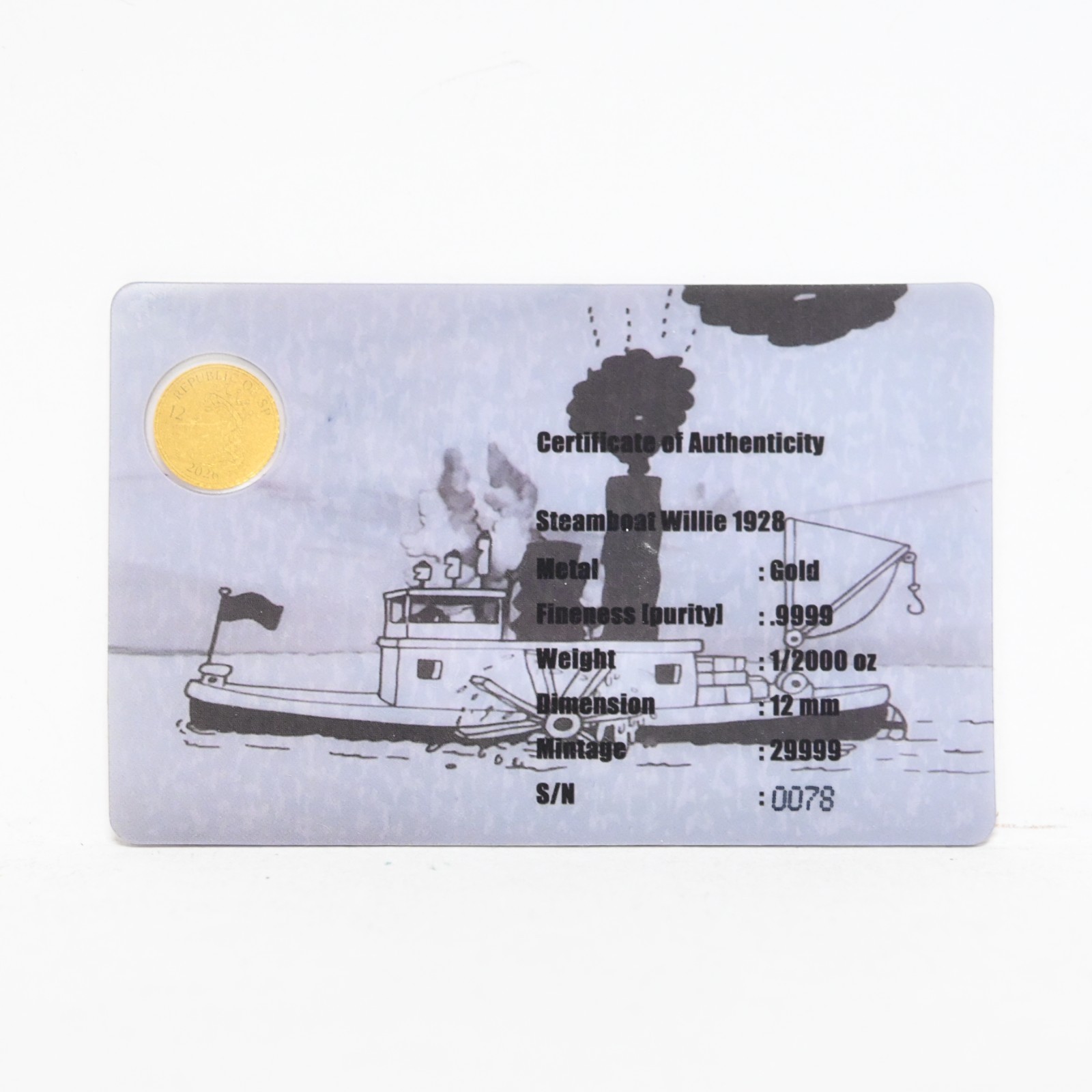 2026 Steamboat Willie 1928 1/2000-oz .9999 Gold Coin in Card (slx5334)