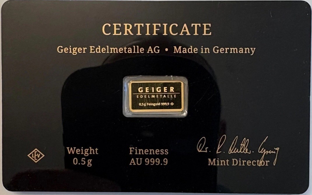 Geiger Schloss Guldengossa Vintage Edition Carded Gold Bar .5 Gram .999 Fine