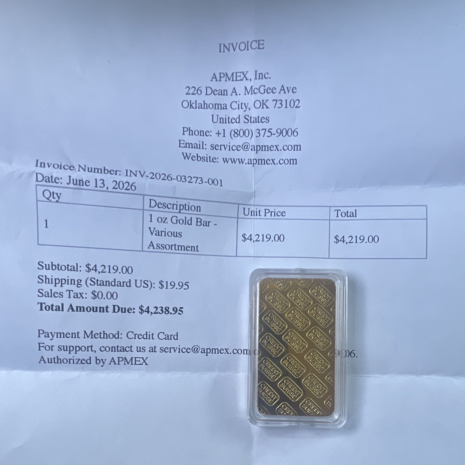 Credit Suisse 1 oz .9999 Fine Gold Bar in Assay 2026 1 Troy Ounce