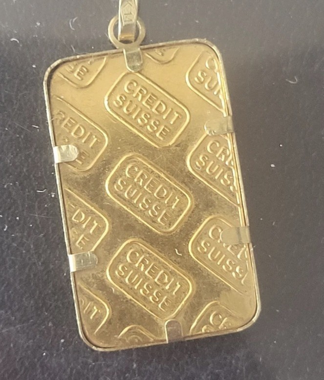 CREDIT SUISSE 5 GRAM 999.9 FINE 24k GOLD BAR BULLION PENDANT W/.6 G 14K Bezel