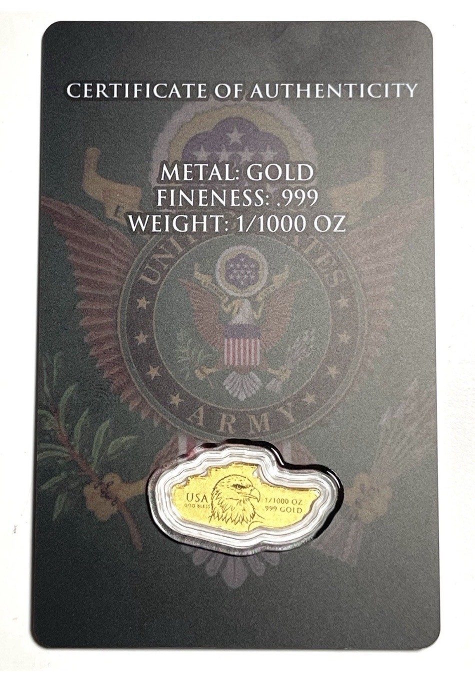 USA ARMY Eagle & Tank 1/1000 oz .999 Gold in Card