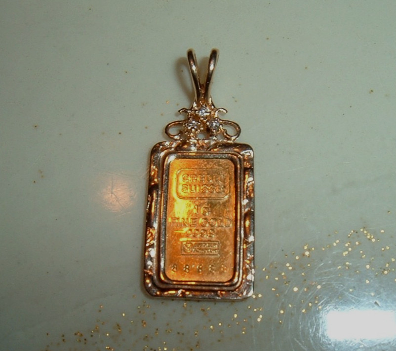 24K GOLD 3 DIAMOND Credit Suisse 999.9 FINE INGOT BAR w/ 14K PENDANT BEZEL 2.15g