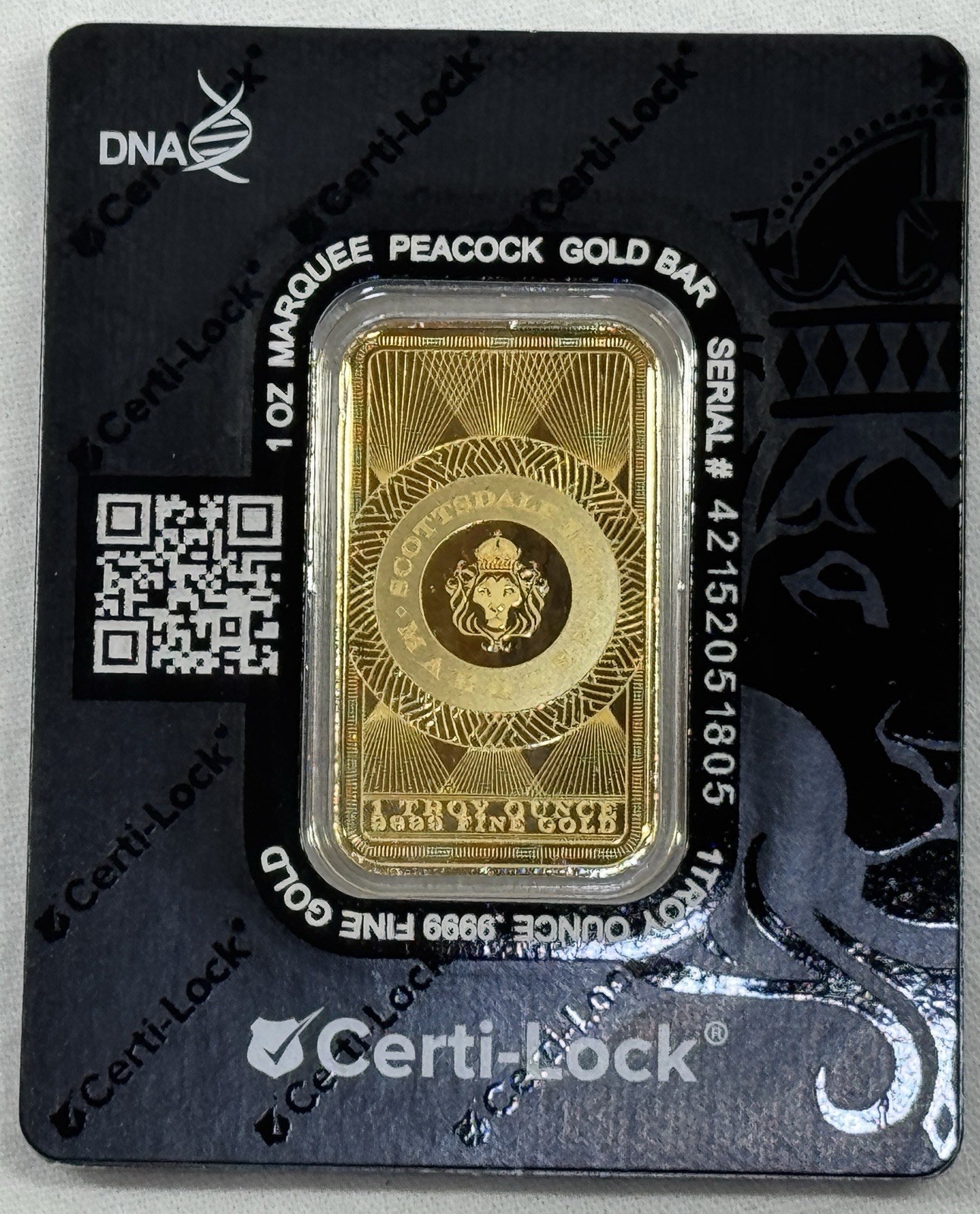 1 oz .9999 Gold Bar Scottsdale Marquee Peacock Gold Bar in Certi-Lock Assay