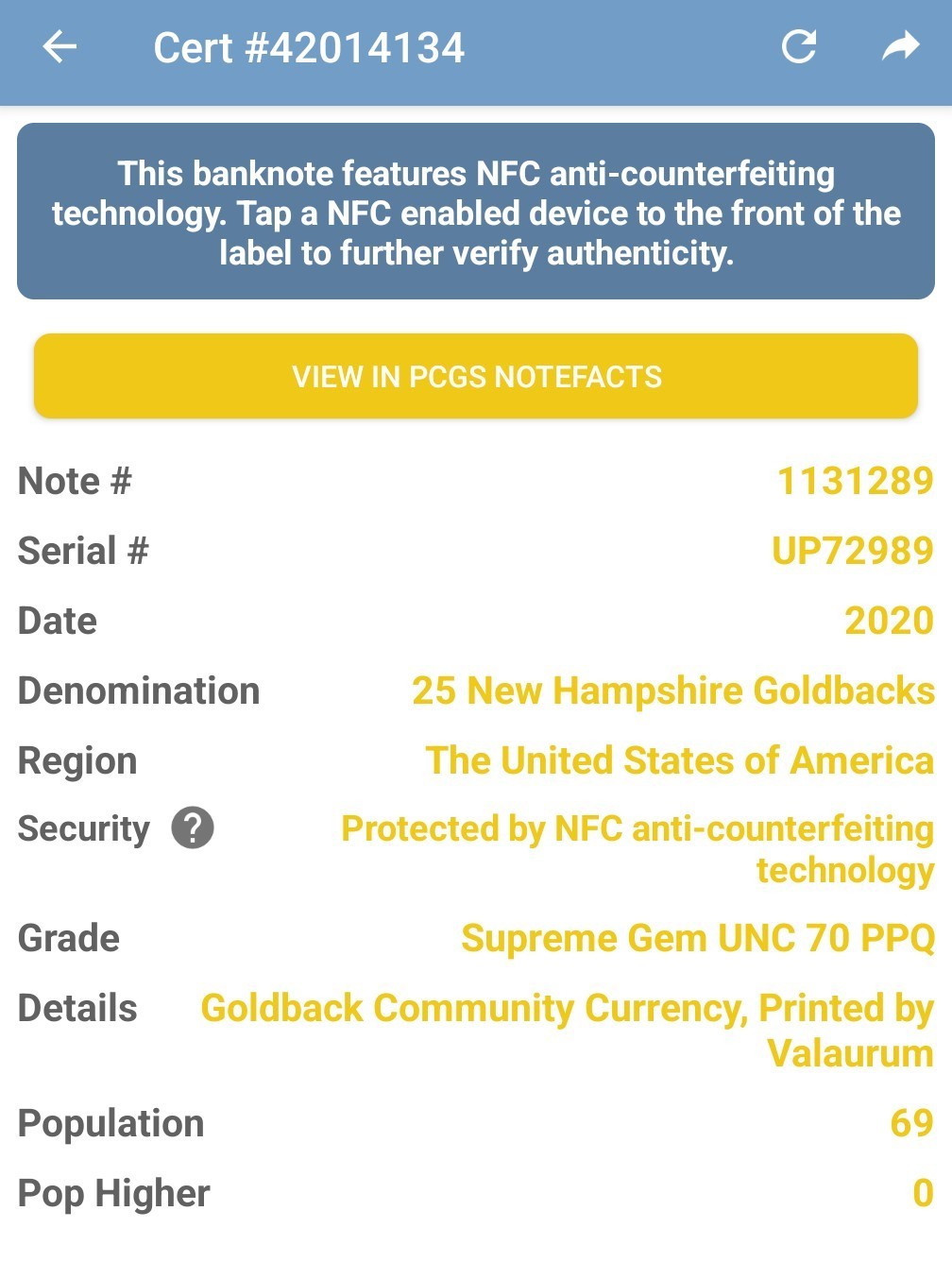 2021 New Hampshire 25 Goldback ~ PCGS GEM 70 First Day of Issue ~ 9601 Produced