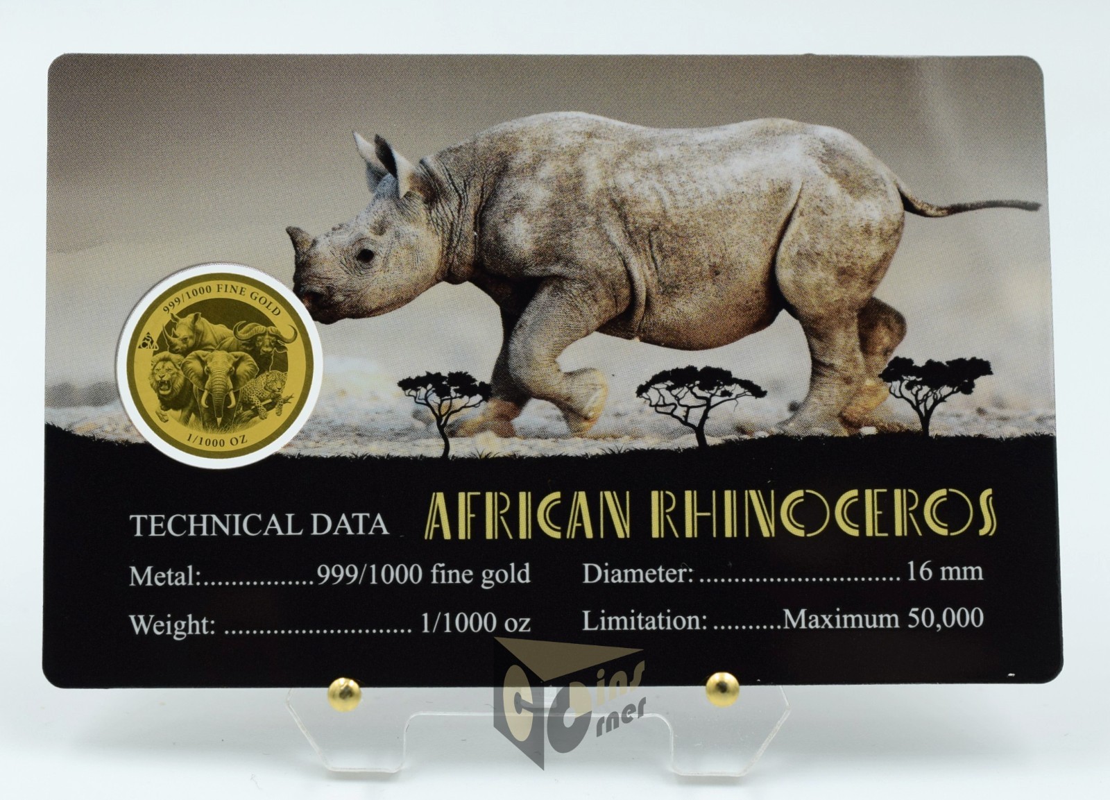 African Rhinoceros – Africa’s Big Five 1/1000 Oz 999 Gold Coin 3000 Francs Chad